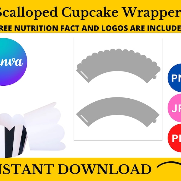 Scalloped cupcake Wrappers Template, cupcake wrapper template, cupcake wrapper svg, cupcake printable, party printable crafts, canva templat