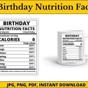 Może przedstawiać: Biały kubek z czarnym nadrukiem, na którym widnieje napis "Birthday Nutrition Facts" wraz z listą elementów, takich jak "Love", "Hugs", "Kisses", "Caring", "Bliss", "Sleep" i "Family" z procentami obok każdego elementu. Kubek znajduje się na białym tle.
