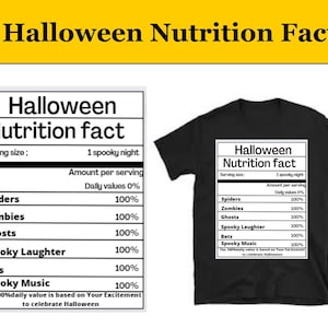 以下が含まれることがあります： ハロウィンの栄養成分表示が白で書かれた黒いTシャツ。ラベルには、1食あたりの「クモ」「ゾンビ」「幽霊」「お化け笑い」「コウモリ」「お化け音楽」の量が記載されています。1食の量は、1泊の怖い夜です。100％の1日の摂取量は、ハロウィーンのお祝いの興奮に基づいています。
