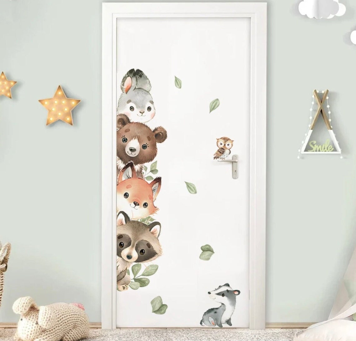 Watercolor Forest Animals Cartoon Door Sticker for Kids Room Nursery ...