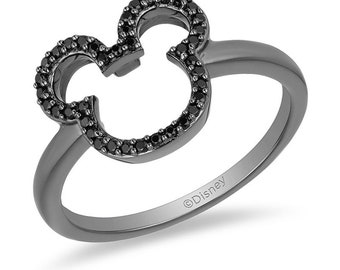 Anillo de diamante negro de Mickey Mouse y Minnie Mouse de Disney encantado en plata de ley Anillos de dibujos animados de Disney para niños Anillo de diamante icónico de Disney