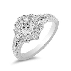 Enchanted Disney Belle 1/2 CT Diamond Flower Split Shank Engagement Ring Stunning Style Shimmering Ring Antique Floral Halo Ring Channel Set