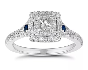 Vera Wang Love Collection 1/2 CT Princess Diamond & Sapphire Engagement Ring in Sterling Silver Women's Antique Diamond Halo Ring Fancy Ring