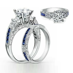 1890&#39;s Art Deco Old European & Blue Sapphire Engagement Ring Set in Sterling Silver Vintage-style Art Deco Wedding Band Estate Diamond Rings