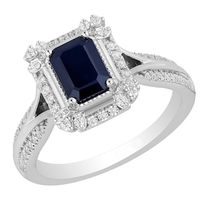 Enchanted Disney Cinderella Emerald Cut Blue Sapphire and Diamond Halo Engagement Ring in Sterling Silver Disney Jasmine Ring Dazzling Ring
