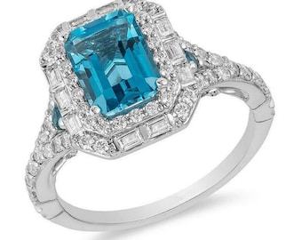 Anillo de compromiso de doble marco de diamantes y topacio azul de la Cenicienta de Disney Londres encantada en plata de ley, anillo bellamente elaborado para mujer.
