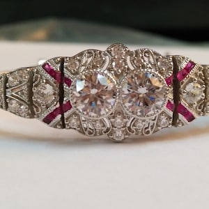 Antique Vintage Style Art Deco Ruby and Diamond Bracelet in 925 Sterling Silver Edwardian Art Deco Bracelet Art Deco Gorgeous Women&#39;s Bangle