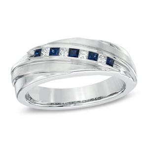 Vera Wang Love Collection heren blauwe saffier en diamanten band in 14 kt witgoud heren verlovingsring knappe trouwring aantrekkelijke ring