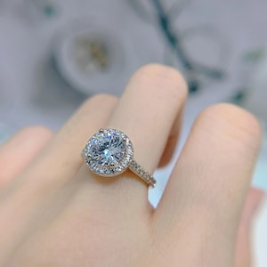 Stunning Round Cut Diamond Halo Engagement Ring in Sterling Silver Solitaire Ring Statement Ring Propose Ring Diamond Channel Ring Bezel Set