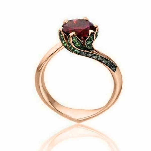 Enchanted Disney Belle Rose Frame Garnet Engagement Ring in 14K Rose Gold & Sterling Silver Solitaire Stunning Ring Gorgeous Rings For Women