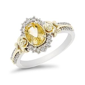 Enchanted Disney Belle Oval Cut Citrine & Diamond Halo Engagement Ring in Two-Tone Sterling Silver Antique Vintage-style Disney Wedding Ring