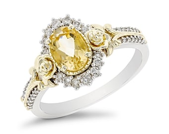 Bague de fiançailles Disney Enchanted Belle citrine ovale et halo de diamants en argent sterling bicolore Bague de mariage Disney antique de style vintage