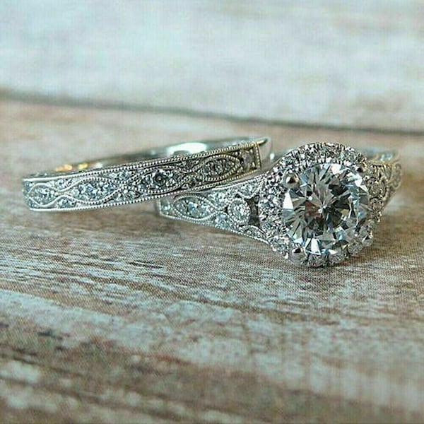 1920s Antique Art Deco Edwardian Round Cut Diamond Wedding Bridal Set Edwardian Engagement Rings Vintage Style Romantic Ring Bridesmaid Gift