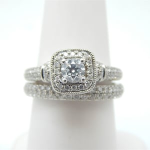 Vera Wang Love Collection Gorgeous Round Diamond Frame Engagement Ring Set Classic Diamond Channel Wedding Band Stunning Sapphire Bridal Set