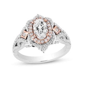 Enchanted Disney Aurora 1.24 CT Oval Diamond Ornate Frame Engagement & Wedding Ring in Two-Tone Sterling Silver Women&#39;s Antique Diamond Ring
