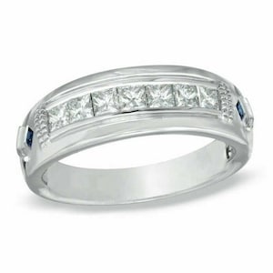 Vera Wang Love Collection Men&#39;s 3/4 CT Diamond and Sapphire Wedding Band in 14K White Gold Handsome Man Ring Modern Men&#39;s Engagement Ring