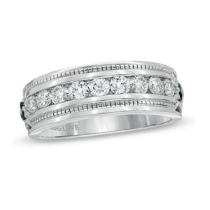 Vera Wang Love Collection Men&#39;s Diamond and Blue Sapphire Wedding Band in 14K White Gold Handsome Engagement Ring Gents Ring Attractive Ring