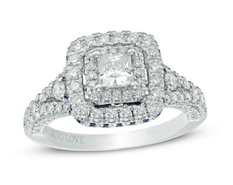 Vera Wang Love Collection 1.24 CT Princess-Cut Diamond and Sapphire Frame Engagement Ring in Sterling Silver Antique Everlasting Love Ring