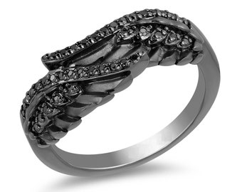Betoverde Disney Fine Jewelry Schurken Maleficent behandelde Black Diamond Wing Ring in zwart Sterling Zilver Angel Wing Ring Eagle Wing Ring