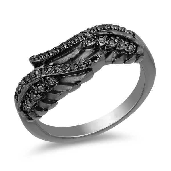 Enchanted Disney Fine Jewelry Villains Maleficent Treated Black Diamond Wing Ring in Black Sterling Silver Angel Wing Ring Eagle Wing Ring