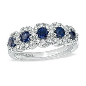 Vera Wang Love Collection Brilliant Blue Sapphire and Diamond Five Stone Frame Engagement Ring Shimmering Ring Beautifully Crafted Ring Love