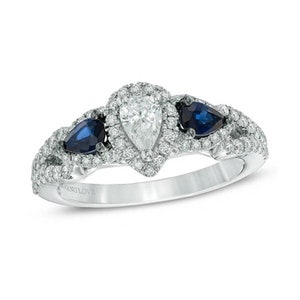 Vera Wang Love Collection Magnificent Pear-Shaped Diamond and Blue Sapphire Frame Engagement Ring in 14K White Gold & 925 Sterling Silver