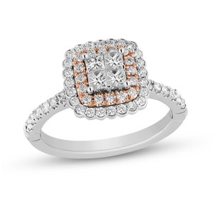 Enchanted Disney Belle Rose Quad Princess-Cut Diamond Scallop Frame Engagement Ring Romantic Ring Charming Ring Modern Ring Fascinating Ring