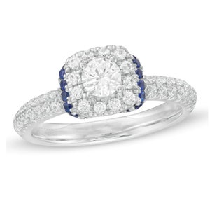 Vera Wang Love Collection Exquisite Round Diamond & Blue Sapphire Engagement Ring in Sterling Silver Extraordinary Halo Ring Marvelous Ring