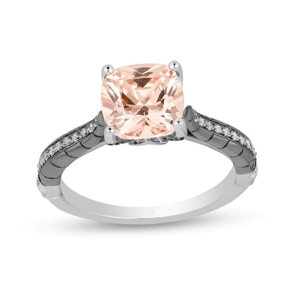 Anillo de compromiso de Maléfica, villana de Disney, con morganita y diamantes, en plata de ley 925 con dos anillos de cuerno de Disney. Anillo de la Reina Malvada.