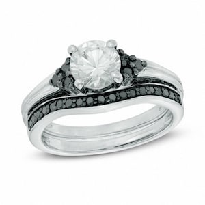 6,5 mm weißer Saphir und schwarzer Diamant Tri-Seiten Braut Set in Sterling Silber Antique Channel Set Ehering vorschlagen Verlobungsring