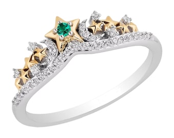 Verzauberter Disney Fine Jewelry Smaragd und Diamanten Tinker Bell Ring in 925 Sterling Silber Minimalist Magischer Ring Antiker Kronen-Stil Ring