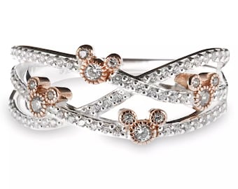 Anillo de compromiso de Mickey Mouse con diseño de joyería fina de Disney, en plata de ley, estilo Disney, de corte redondo blanco de 1/4 ct, para mujer.