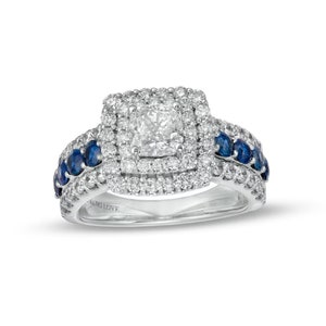 Vera Wang Love Classic Cushion Cut 1 CT Diamond Double Frame Engagement Ring Vintage-Style Blue Sapphire Ring Antique Channel Set Fancy Ring
