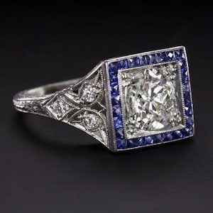 Art Deco Style Round Cut Diamond and Blue Sapphire Engagement Ring Antique Square Shape Sapphire Halo Ring Vintage Victorian Engagement Ring