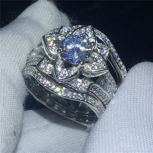 3.43 Ct Round Cut Diamond Lotus Flower-style Engagement Ring Set in Sterling Silver Stunning Curved Wedding Band  Cocktail Ring Antique Ring