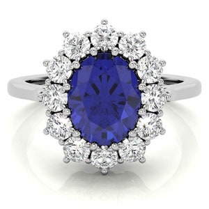 Princess Diana Inspired Blue Sapphire Engagement Ring in Sterling Silver Antique Diamond Halo Ring Beautifully Crafted Ring Bridesmaids Ring