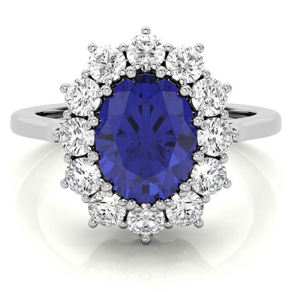 Princess Diana Inspired Blue Sapphire Engagement Ring in Sterling Silver Antique Diamond Halo Ring Beautifully Crafted Ring Bridesmaids Ring