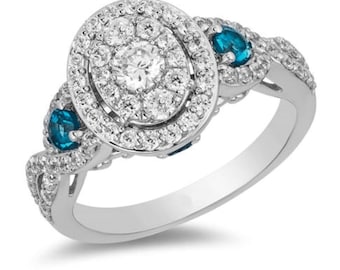 Anillo de compromiso con marco de diamantes y topacio azul de Cenicienta de Disney Enchanted en plata de ley Anillo bellamente elaborado Anillo magnífico