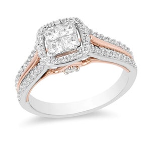 Enchanted Disney Aurora Quad Princess Cut Diamond Frame Engagement Ring Stunning Halo Ring Romantic Ring Lustrous Beauty Ring Gorgeous Ring