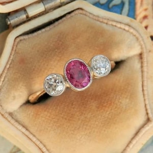 Art Deco Burmese Ruby & Diamond Three Stone Ring Milgrain Bezel Set Vintage Style Art Deco Propose Ring Edwardian Engagement Rings For Women