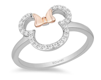 Anillo encantado de Disney con diseño de Mickey Mouse y Minnie Mouse en plata de ley con diamantes. Anillos de dibujos animados de Disney para niños. Anillo icónico de diamantes.