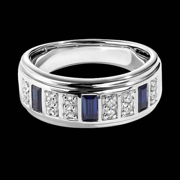 Anillo de bodas para hombre de Star Wars R2 Series 1/5 con diamantes blancos y zafiro azul en oro blanco de 14 quilates. Exquisito anillo romántico. Atractivo anillo atractivo.