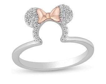 Anillo de contorno de diamante de Mickey Mouse y Minnie Mouse de Disney encantado en plata de ley, anillos de dibujos animados de Disney para niños y mujeres, joyería fina de Disney