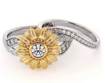 Beautiful Diamond Halo Sunflower Ring Unique Engagement Ring Set in Sterling Silver Split Shank Ring Antique Bezel Set Attractive Women Ring