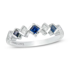 Vera Wang Love Collection 1/6 CT Princess-Cut Sapphire and Diamond Band in 14K White Gold Unique Design Ring Anniversary Gift Antique Ring