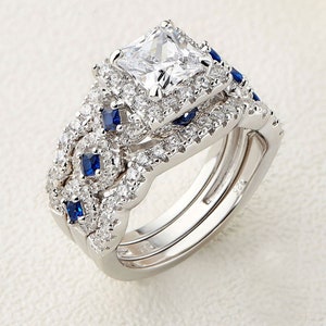 Vera Wang Love Collection 1 CT Diamond Trio Ring Set Unique Bridal Set Blue Sapphire Engagement Ring in Sterling Silver Antique Twist Ring