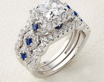 Vera Wang Love Collection 1 CT Diamond Trio Ring Set Unique Bridal Set Blue Sapphire Engagement Ring in Sterling Silver Antique Twist Ring