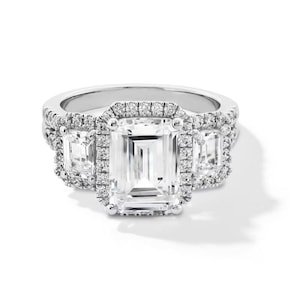 Attractive 3 CT Emerald Cut Diamond Halo Engagement Ring Antique Three-stone Ring Beautifully Crafted Ring Big Gemstone Ring Stunning Ring