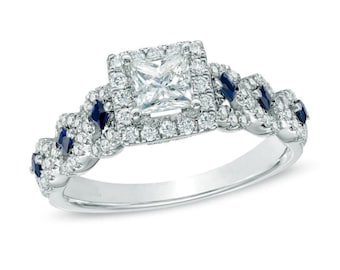 Vera Wang Love 1 CT Princess Cut Diamond and Blue Sapphire Women's Engagement Ring in 925 Sterling Silver Vintage-style Antique Twist Ring