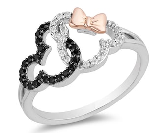 Anillos entrelazados con caras de diamantes de Mickey Mouse y Minnie Mouse, personajes de dibujos animados famosos, de Enchanted Disney Treasures para ella, anillo icónico de Disney
